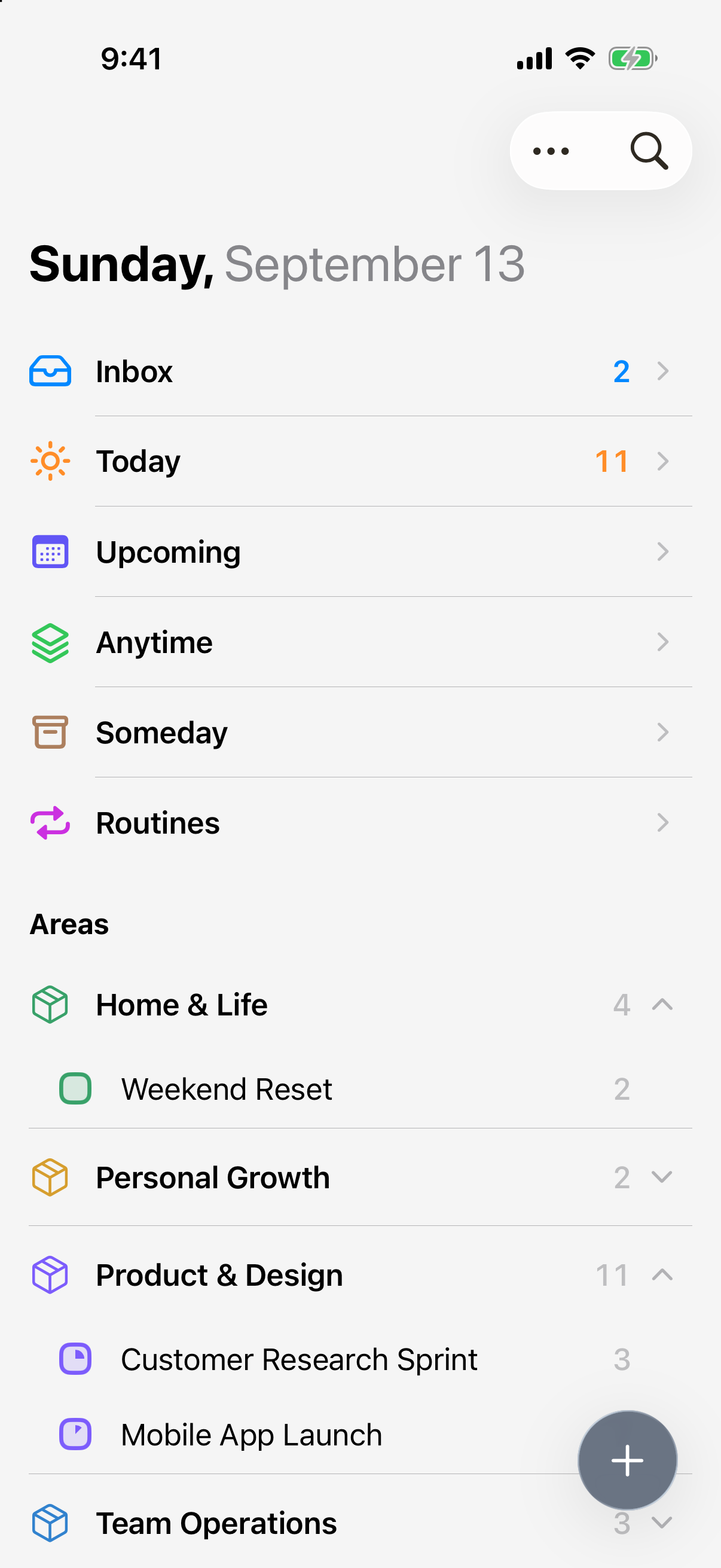 Shasks Browse showing Inbox, Today, Upcoming, Anytime, Someday, Routines and Areas.