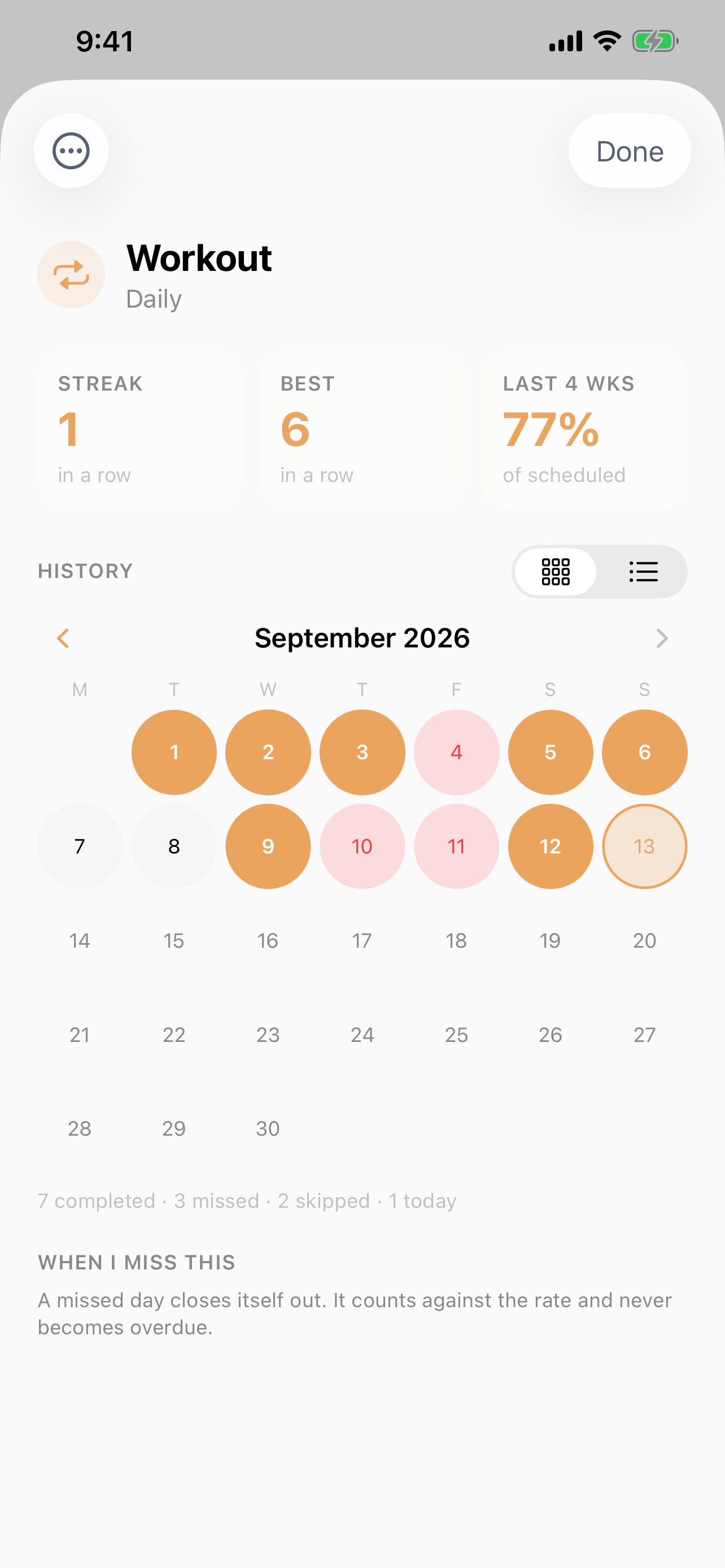 Shasks Workout routine showing streak, best streak, four-week completion rate, and a calendar of sample routine history.
