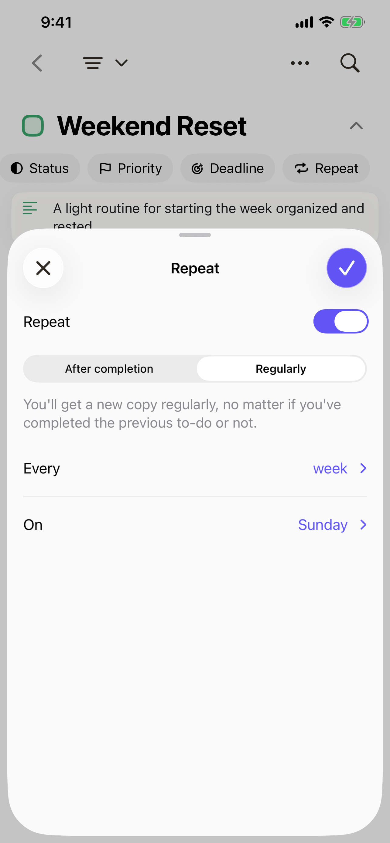 Shasks Weekend Reset project with Repeat enabled and a regular weekly Sunday schedule.