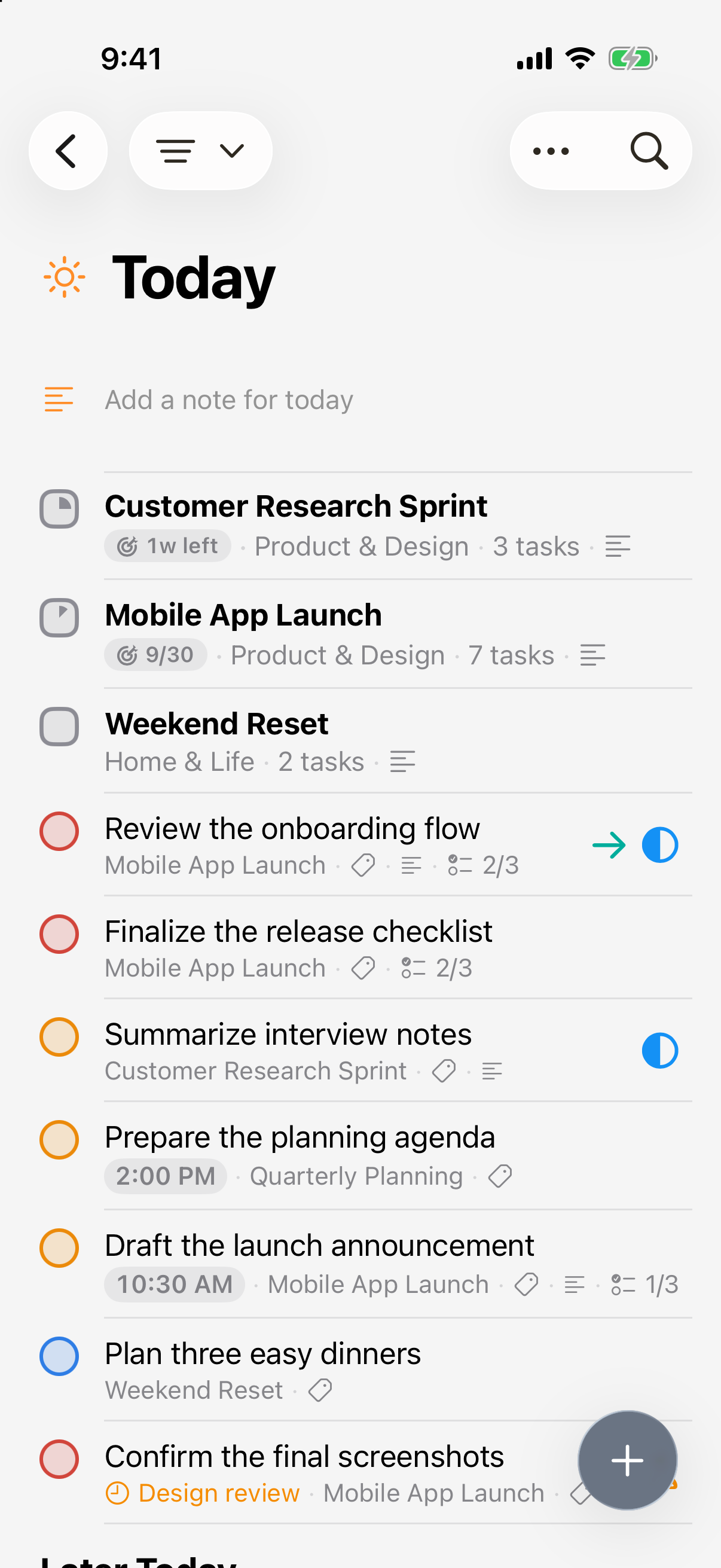 Shasks Today showing sample projects and daily tasks.