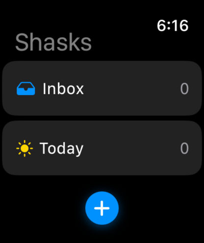 The real Shasks Apple Watch app with Inbox, Today and an add button.